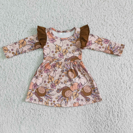 (Promotion)6 A6-11 Turkey Pumpkin Print Girls Thanksgiving Knee Length Dress
