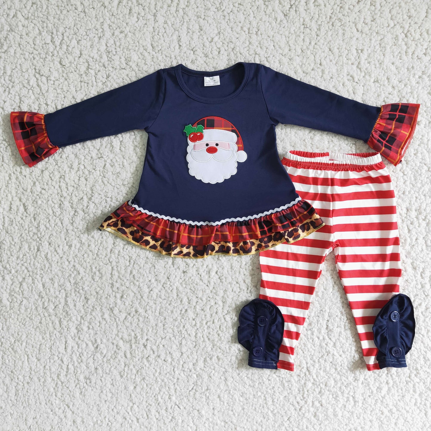 (Promotion) 6 C7-2 Santa Embroidery Navy Top Stripes Pants Girls Christmas Clothes Set