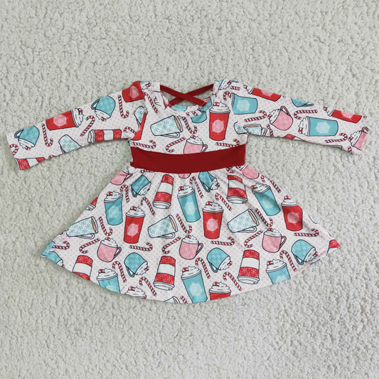 (Promotion)6 B12-19 Milk Candy Cane Print Girls Christmas Knee Length Dress