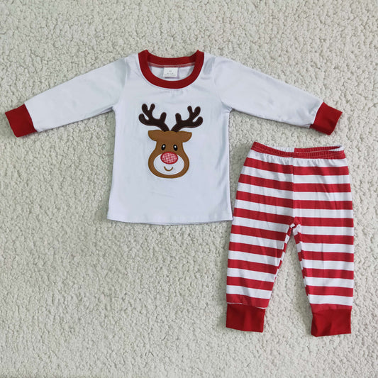 6 A18-28 Deer Embroidery White Top Stripes Pants Boys Christmas Clothes Set