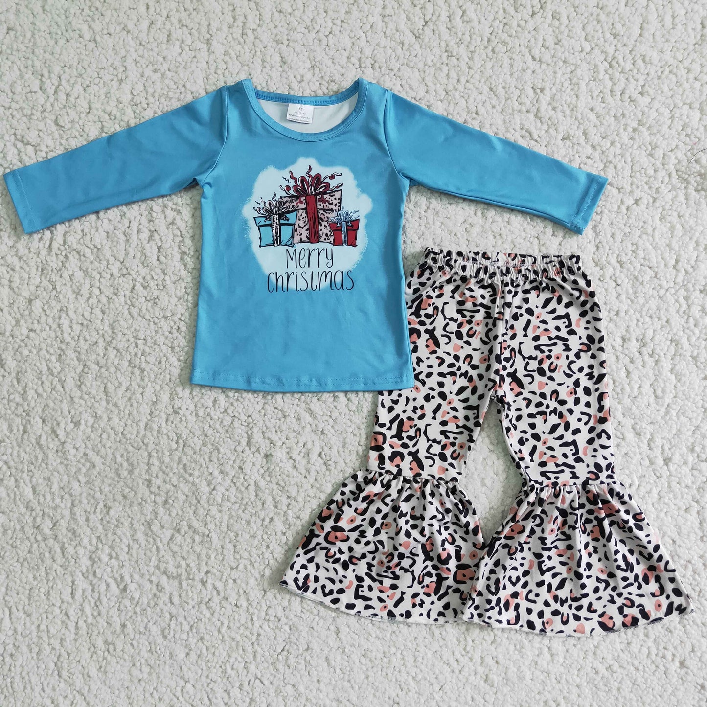 (Promotion) 6 B6-36 Gifts Blue Top Leopard Pants Girls Christmas Clothes Set