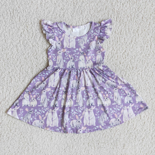 (Promotion)D4-18 Bunny Purple Flowers Print Girls Flutter Sleeve Knee Length Dress