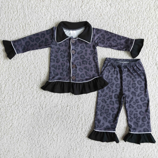 6 A24-20 Leopard Print Girls Buttons Pajamas Clothes Set