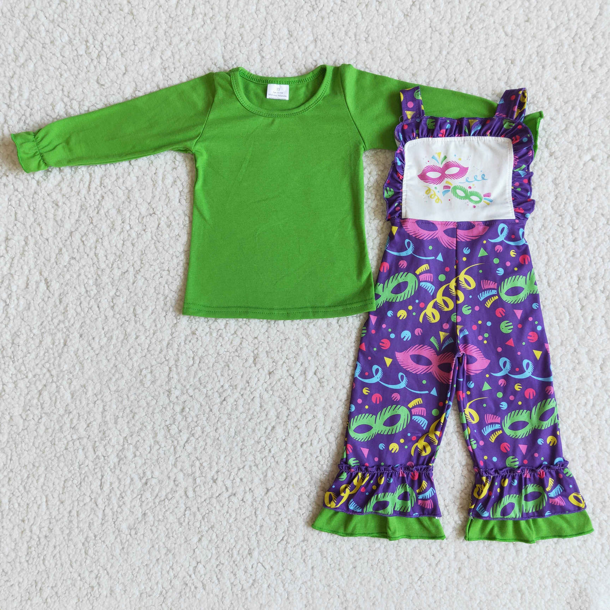6 A28-19 Green Top Mask Print Jumpsuit Girls Overall Mardi Gras Clothes Set