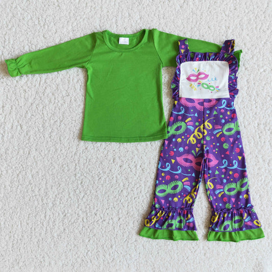 6 A28-19 Green Top Mask Print Jumpsuit Girls Overall Mardi Gras Clothes Set