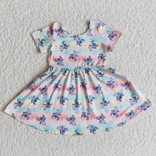 (Promotion)Cartoon Stitc* Girls Summer Short Sleeve Knee Length Dress  E8-17
