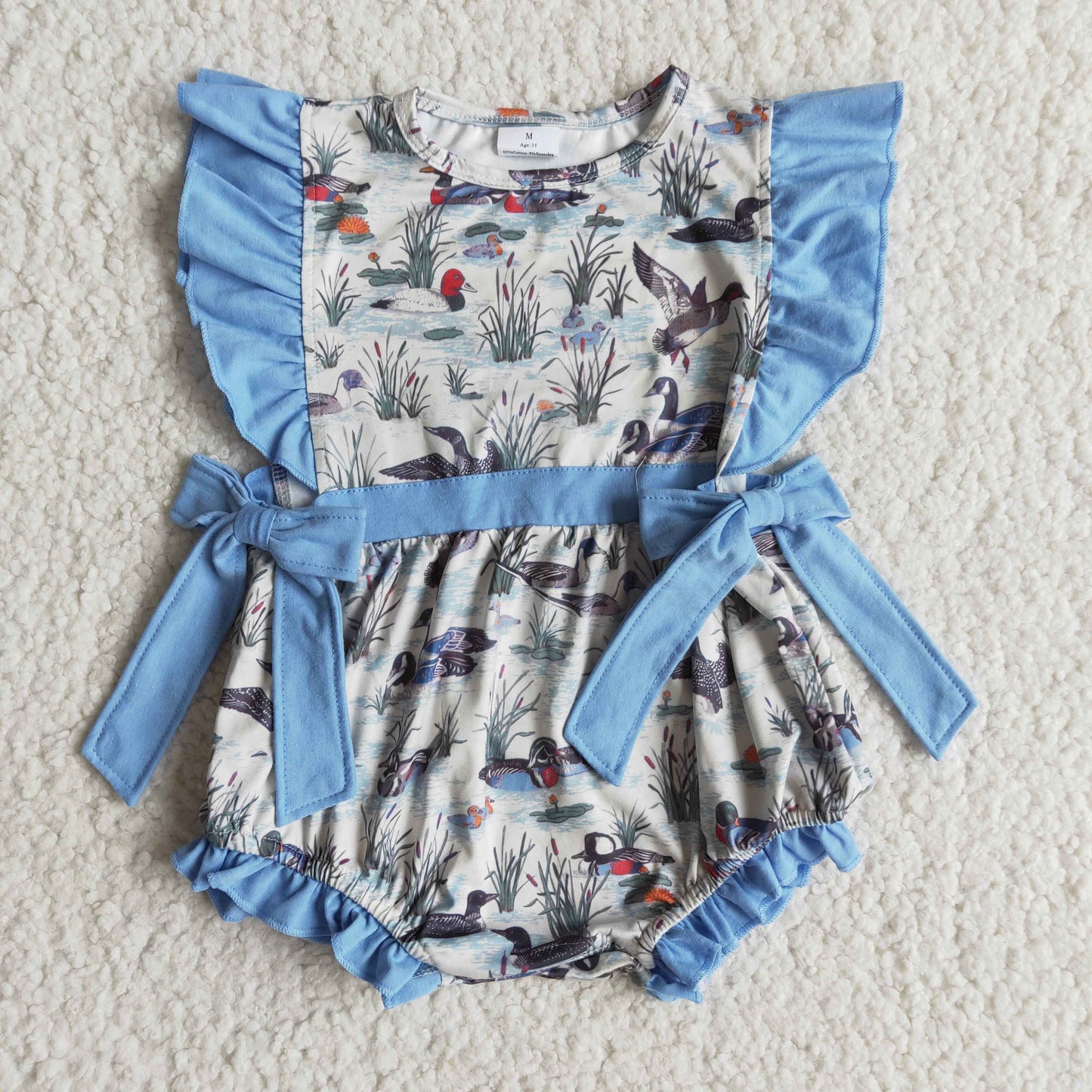 Baby girls duck blue bows summer romper  E7-12