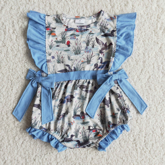 Baby girls duck blue bows summer romper  E7-12