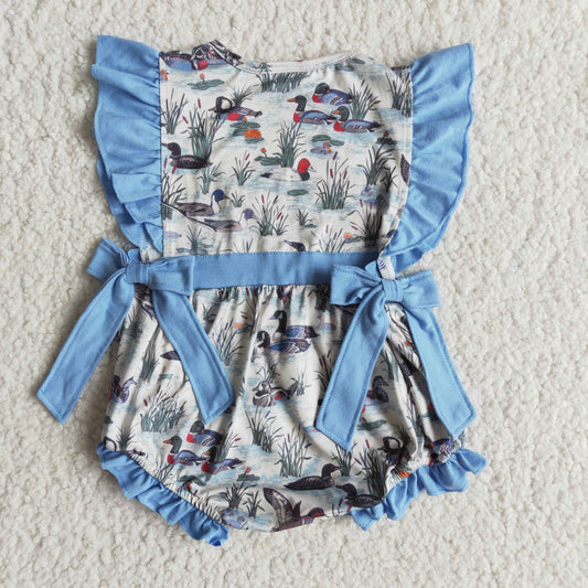 Baby girls duck blue bows summer romper  E7-12