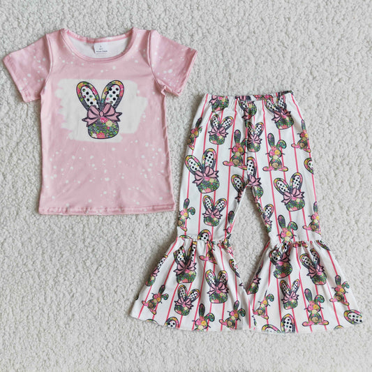 (Promotion)E10-16 Bunny Flowers Pink Top Bell Pants Girls Easter Clothes Set