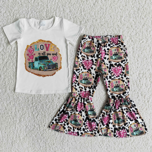 (Promotion)E13-26 LOVE Jeep Short Sleeve Top bell bottom pants girls Valentine's Day outfits   E13-26