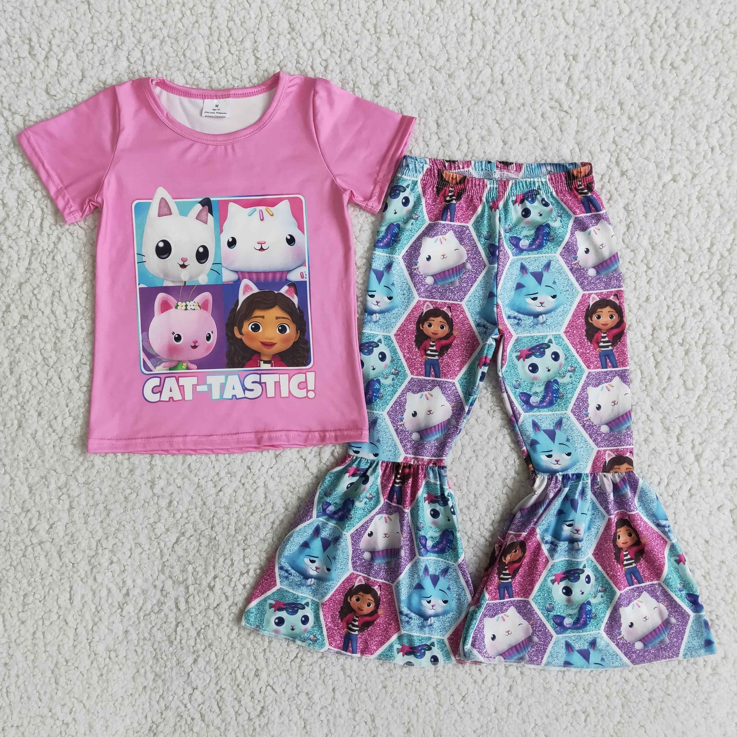 (Promotion)E14-11 Cartoon Short sleeve bell bottom pants cat outfits