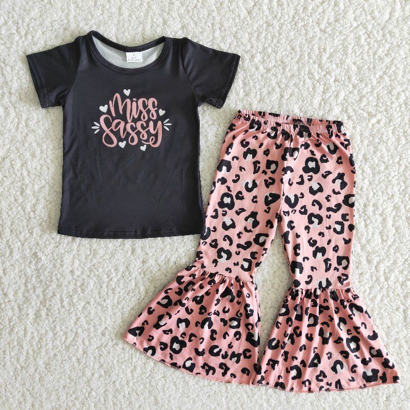 (Promotion)B14-14 Miss Sassy Black Top Pink Leopard Bell Pants Girls Outfits