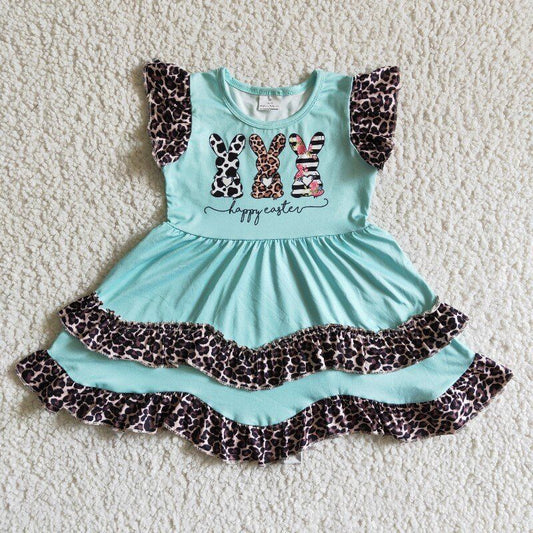 Flutter sleeve knee length bunny leopard print girls ruffles Easter dress EC0006