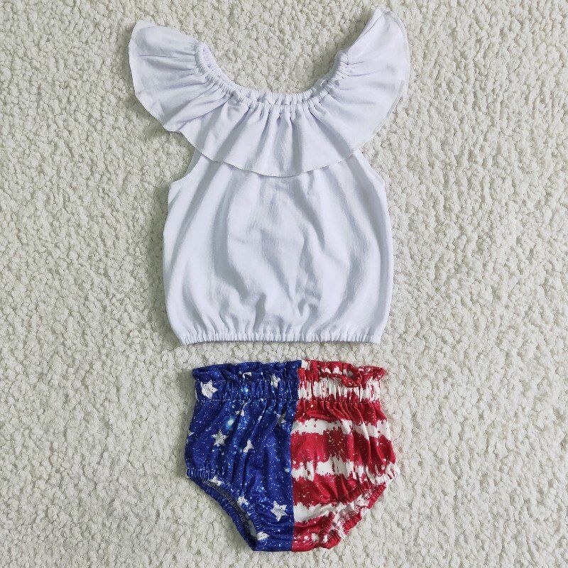 (Promotion)NC0001 White Top Stars Shorts Baby Girls 4th of July Bummie Set