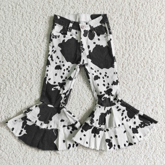 Cow print denim bell bottom jeans  P0001