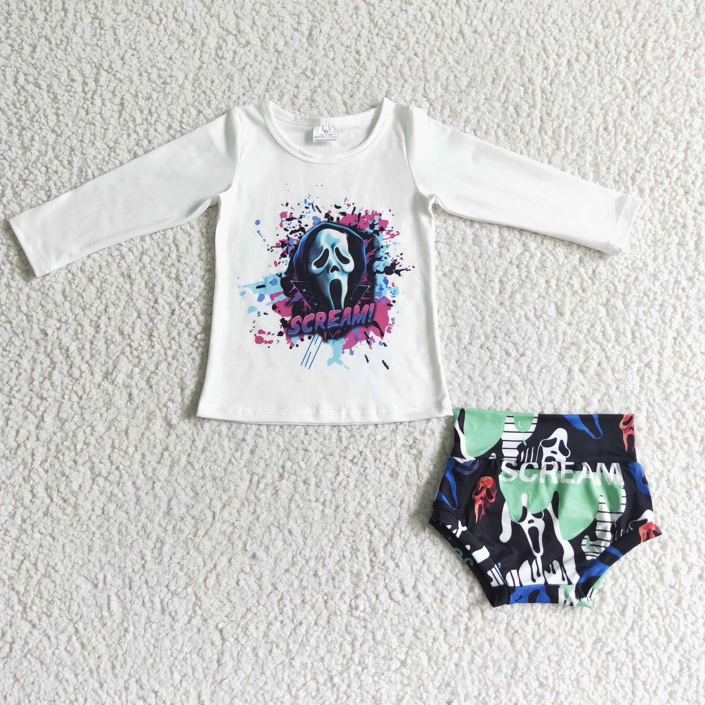 LR0031 SCREAM White Top Shorts Baby Girls Halloween Bummie Set