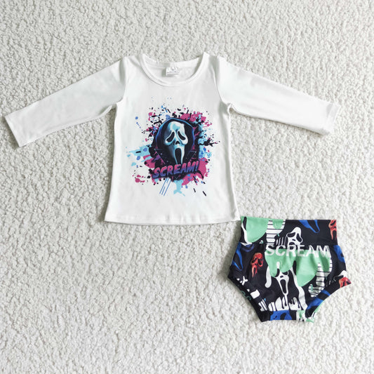 LR0031 SCREAM White Top Shorts Baby Girls Halloween Bummie Set