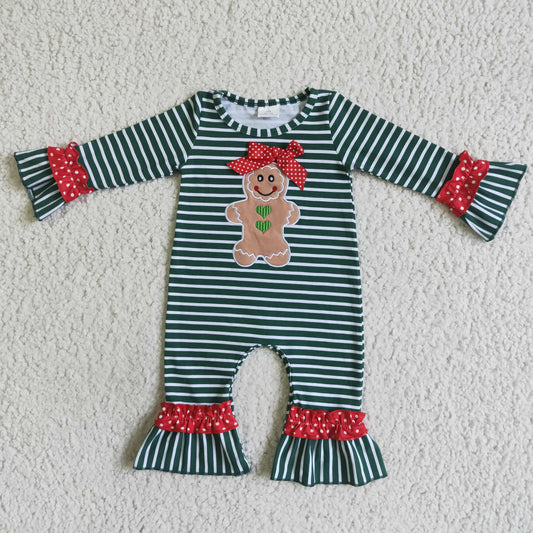(Promotion) 6 C10-6 Gingerbread Embroidery Stripes Baby Girls Christmas Ruffle Romper