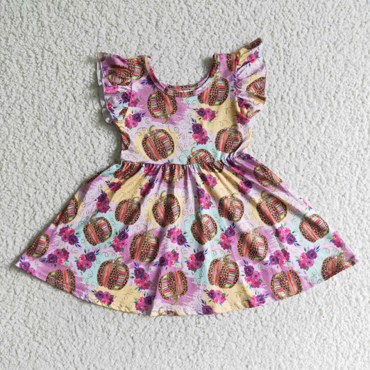 GSD0132 Leopard Flowers Pumpkin Print Girls Flutter Sleeve Fall Dress