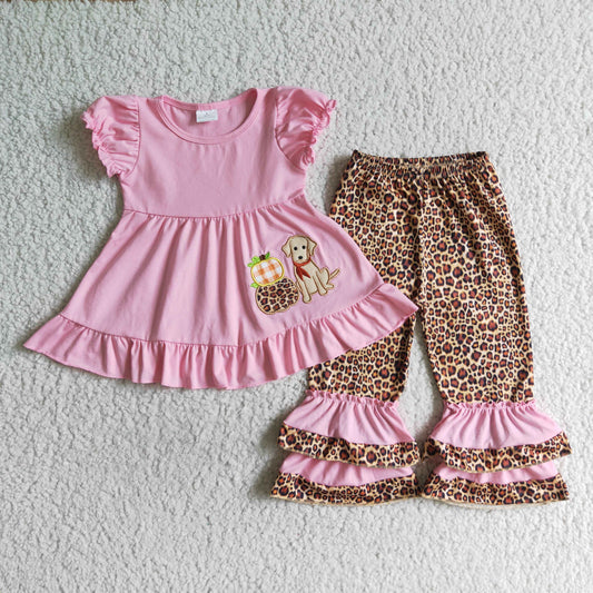 GSPO0135 Pumpkin Dog Embroidery Pink Tunic Top Leopard Ruffle Pants Girls Fall Clothes Set