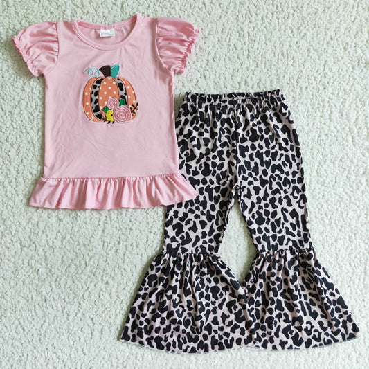 GSPO0122 Pumpkin Embroidery Pink Top Leopard Bell Pants Girls Fall Clothes Set