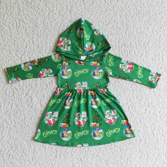 (Promotion)6 B10-24 Green Frog Girls Christmas Hoodie Knee Length Dress