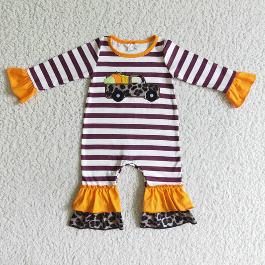 LR0007 Pumpkin Truck Embroidery Stripes Print Baby Girls Fall Ruffle Romper