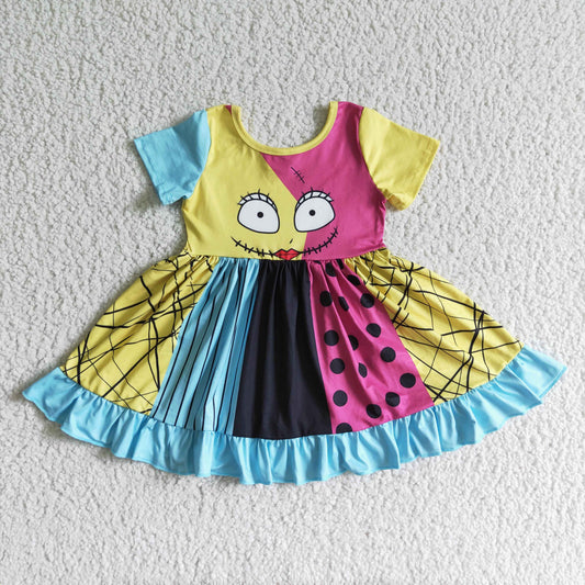 GSD0130 Nightmar* Smiling Colorful Print Girls Halloween Knee Length Dress