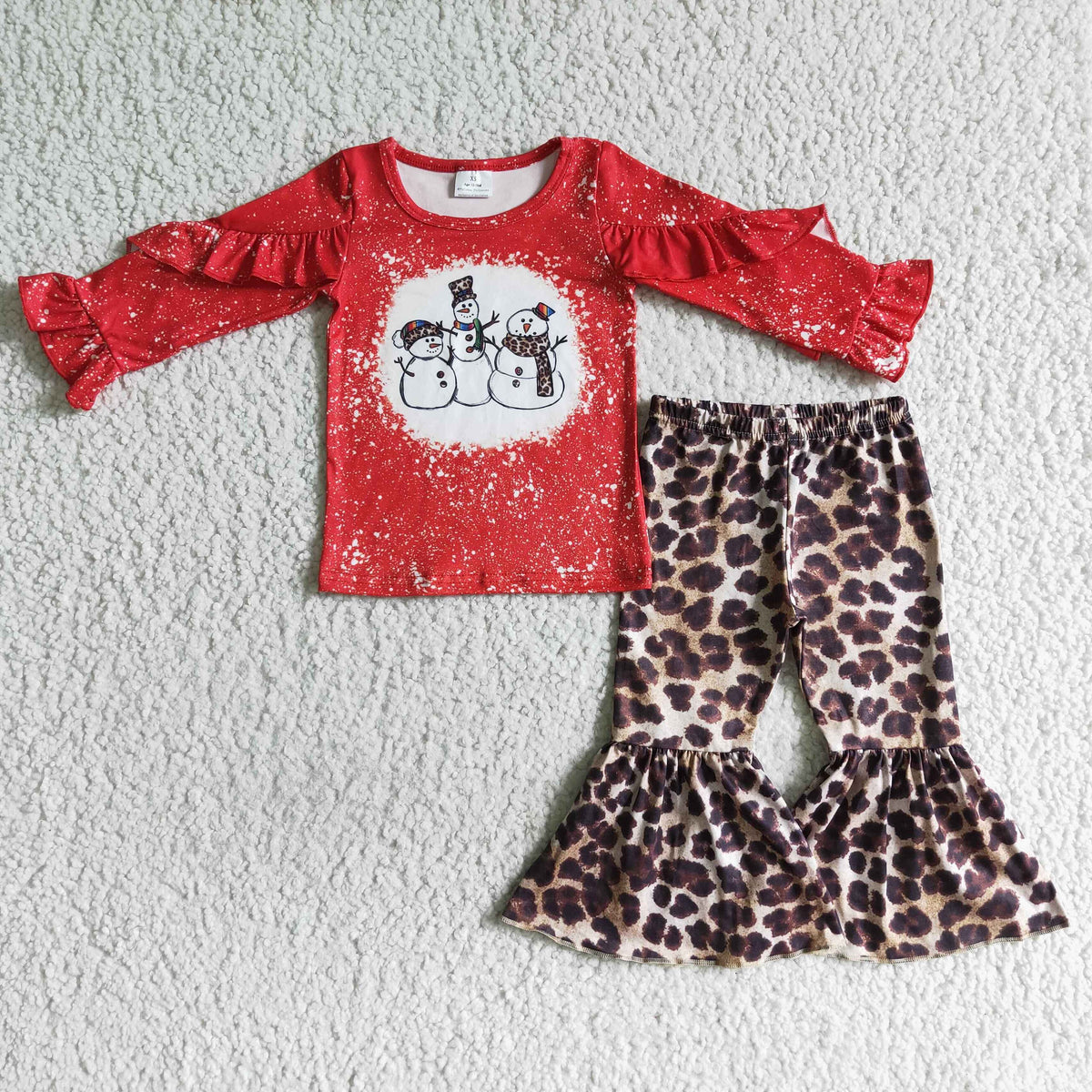 GLP0103 Snowman Red Ruffle Top Leopard Bell Pants Girls Christmas Clothes Set