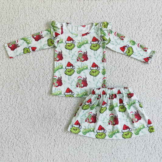 GLD0081 Green Frog Smiling Long Sleeve Top Skirts Girls Christmas 3 pcs Clothes Set