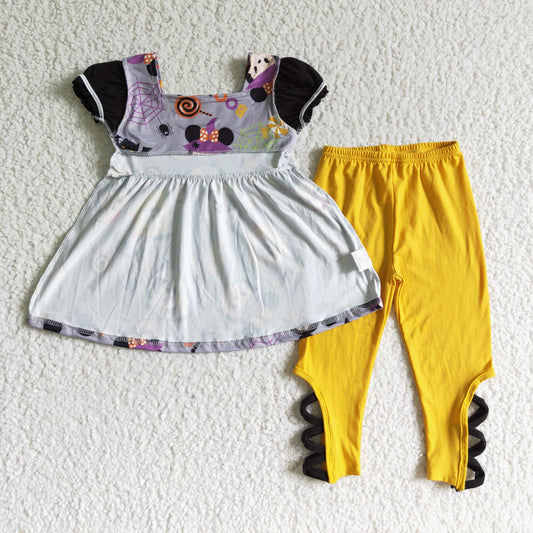 GSPO0157 Cartoon Mouse Candy Tunic Top Cross Legging Pants Girls Halloween Clothes Set