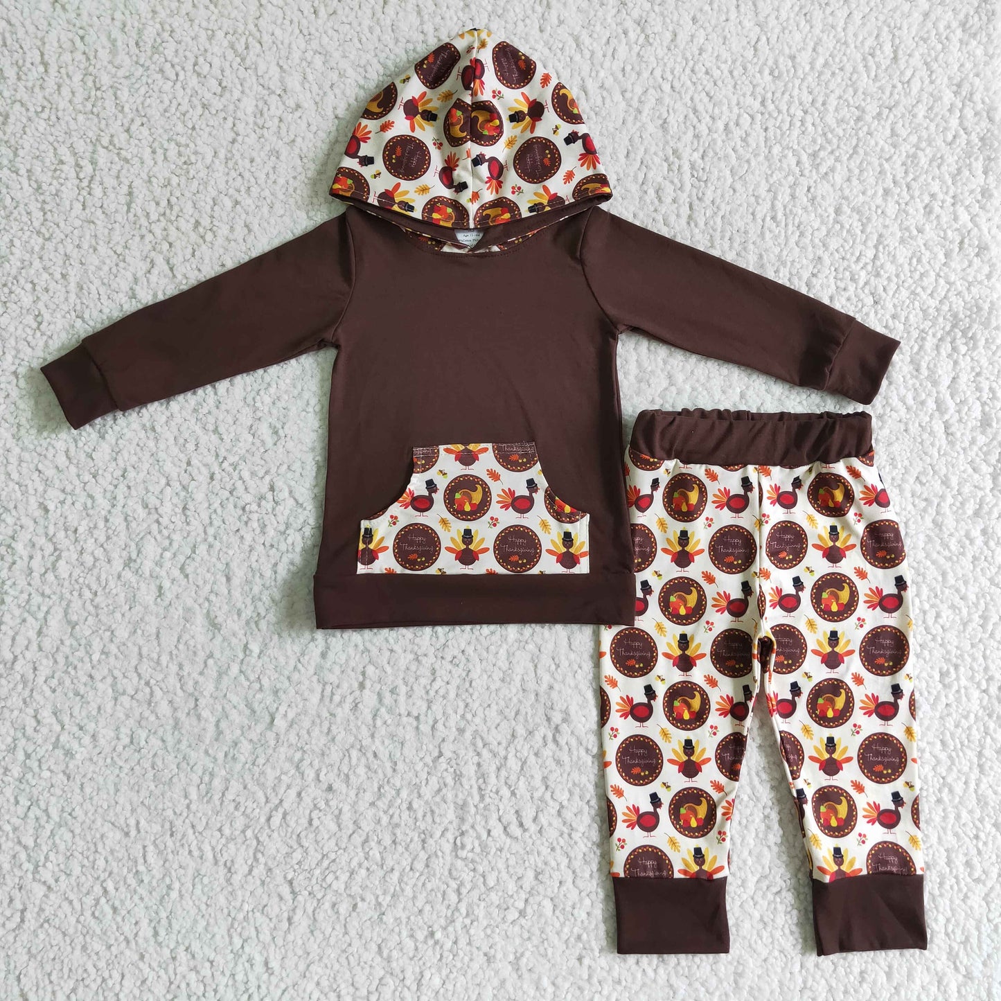 BLP0022 Turkey Brown Hoodie Top Pants Boys Thanksgiving Clothes Set