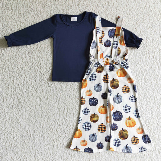 GLP0183 Navy Top Pumpkin Overall Jumpsuits Girls Fall Clothes Set