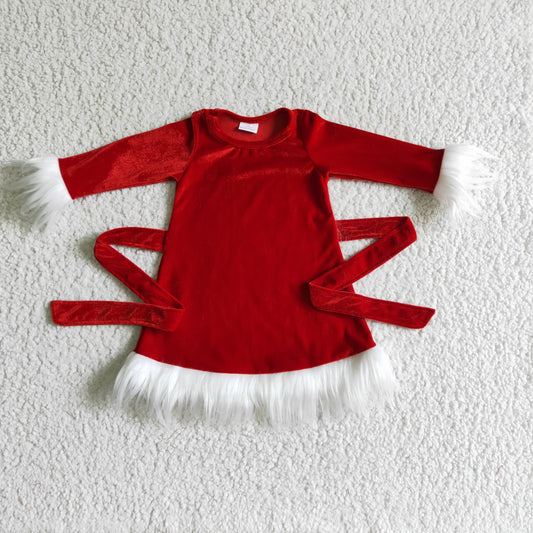 GLD0084 Red Velvet White Fur Edge Girls Christmas Knee Length Dress