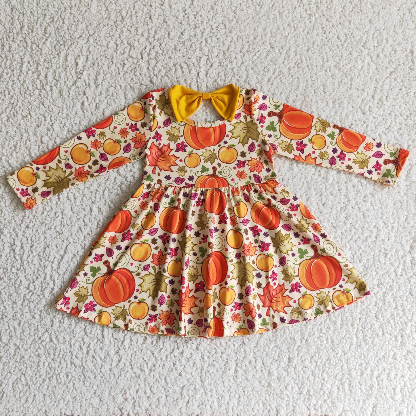 GLD0055 Pumpkin Leaf Orange Print Girls Fall Dress