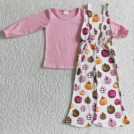 Girls pink top fall pumpkin overall outfits    GLP0188