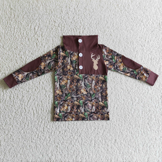 BT0078 Deer Branch Camo Print Boys Long Sleeve Buttons Pullover Top