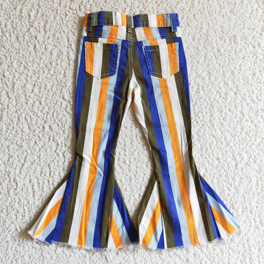 Blue Orange White Stripes Denim Bell Bottom Jeans Girls Pants P0029