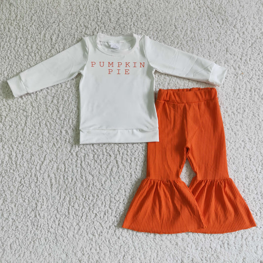 GLP0185 Pumpkin Pie White Top Orange Ribbed Bell Pants Girls Fall Clothes Set