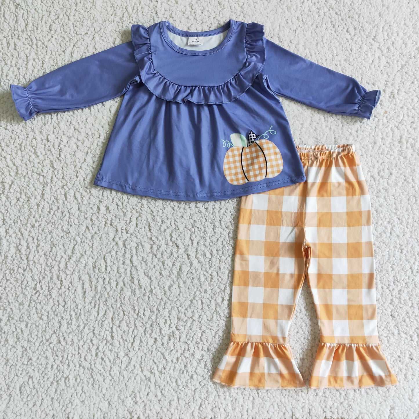 GLP0253 Pumpkin Blue Top Orange Plaid Pants Girls Fall Clothes Set