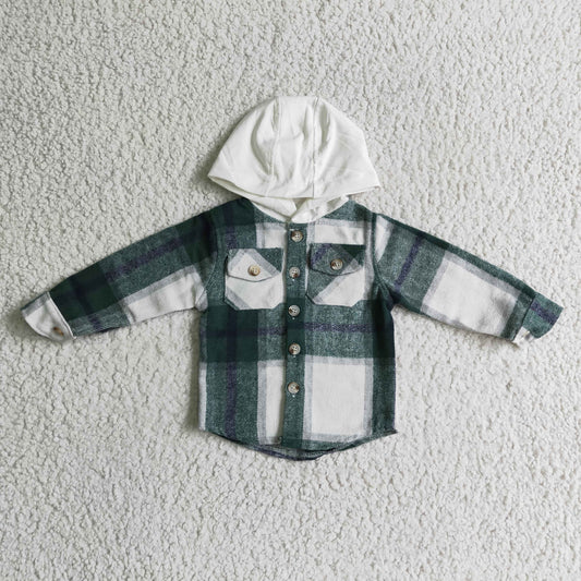 BT0075 Green Checkered Print Boys Fall Cotton Pockets Hoodie Top