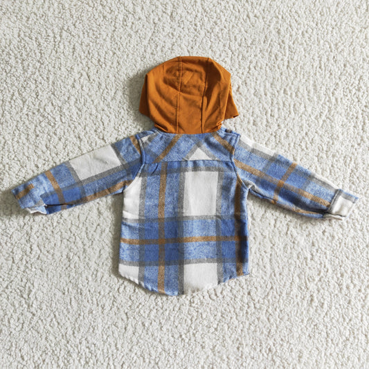 BT0074 Blue Checkered Print Boys Fall Cotton Pockets Hoodie Top