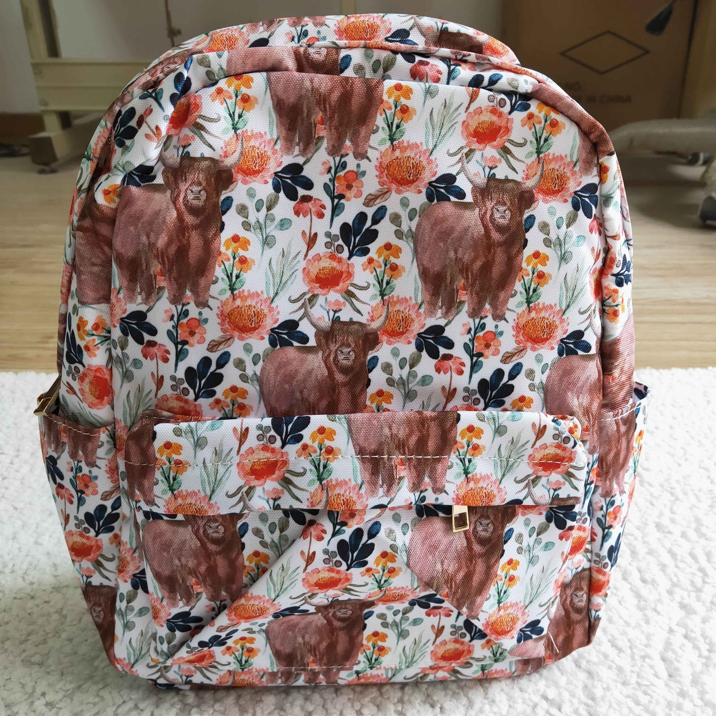 Orange flora highland cow print Bag   BA0027