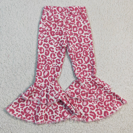 Pink leopard print denim bell bottom jeans  P0044