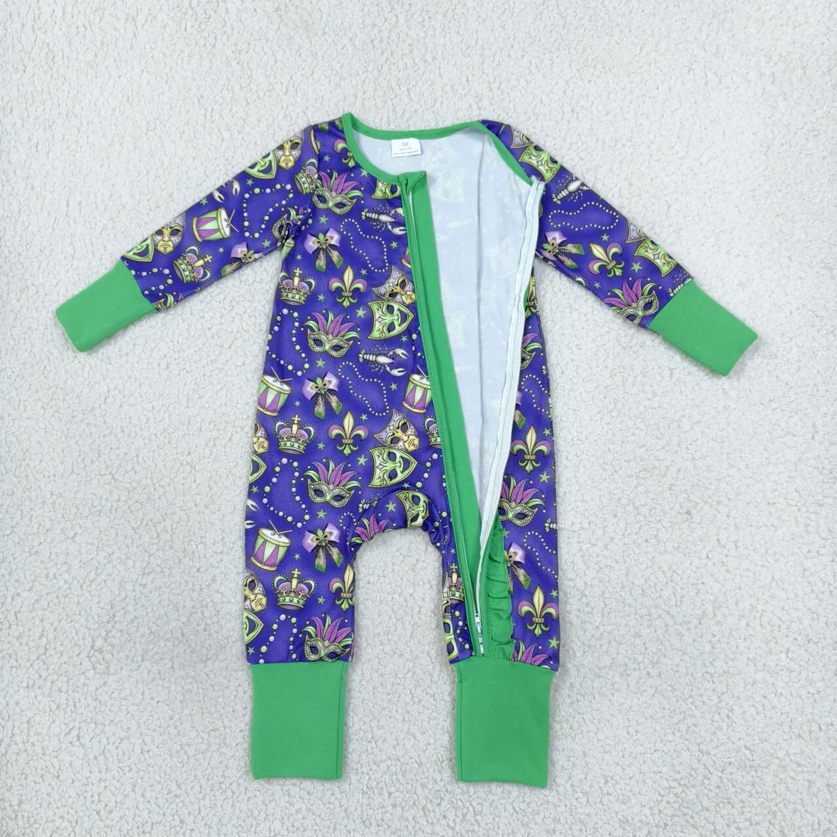 LR3334 Mask Bows Crayfish Print Baby Girls Mardi Gras Zipper Sleeper Romper