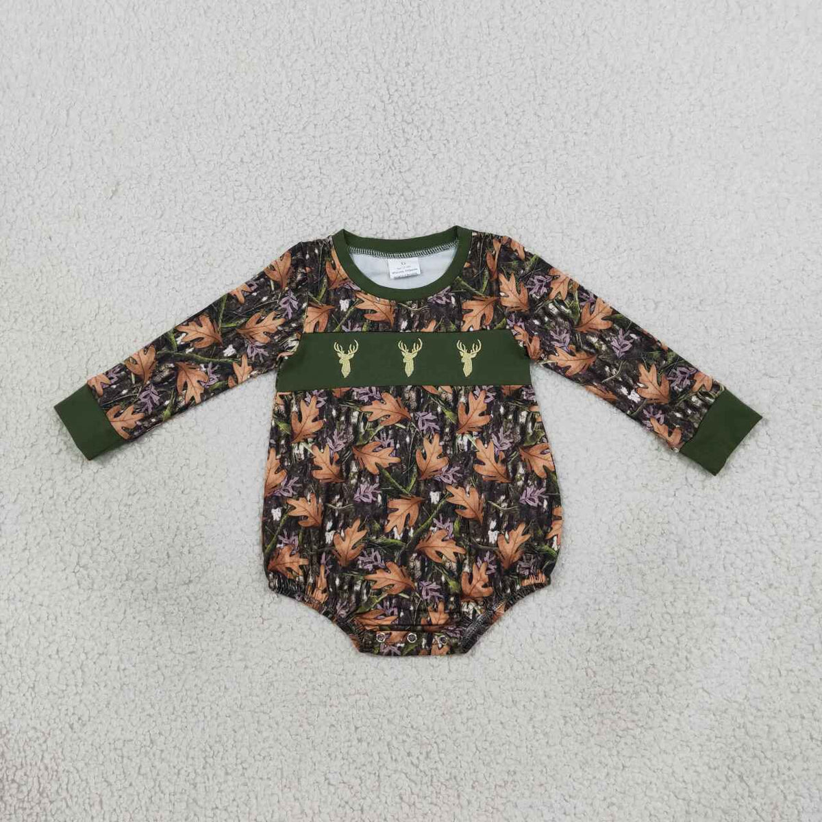 LR2729 Deer Embroidery Branch Camo Baby Boys Long Sleeve Bubble Romper
