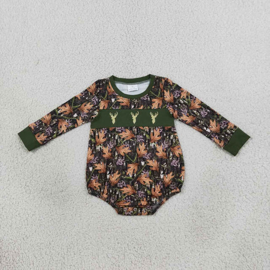 LR2729 Deer Embroidery Branch Camo Baby Boys Long Sleeve Bubble Romper