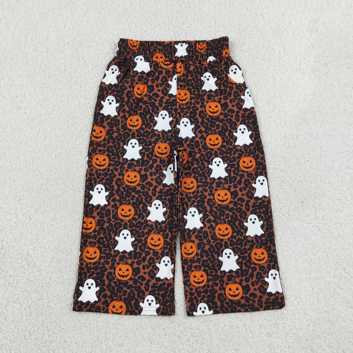 P1135 Ghost Pumpkin Leopard Print Pockets Baby Girls Halloween Straight Pants