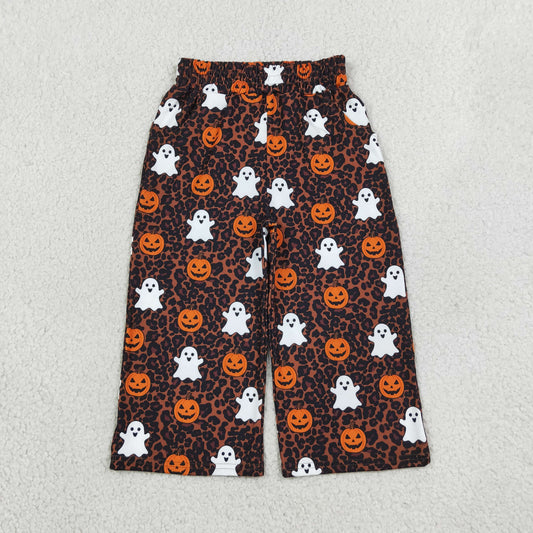 P1135 Ghost Pumpkin Leopard Print Pockets Baby Girls Halloween Straight Pants